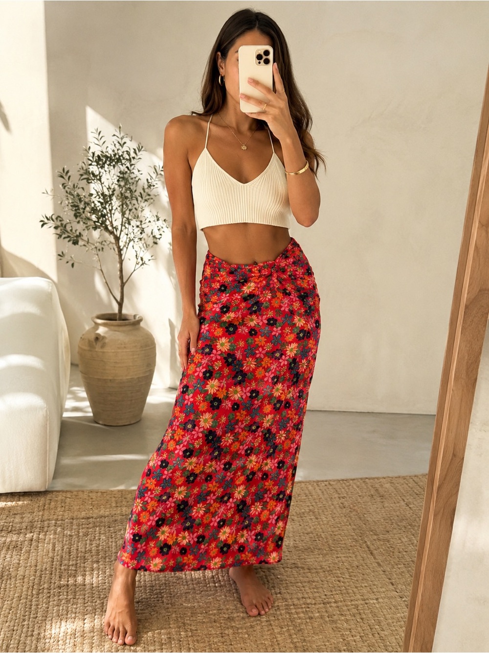 Red Floral Maxi Skirt - Women's Summer Wrap Style